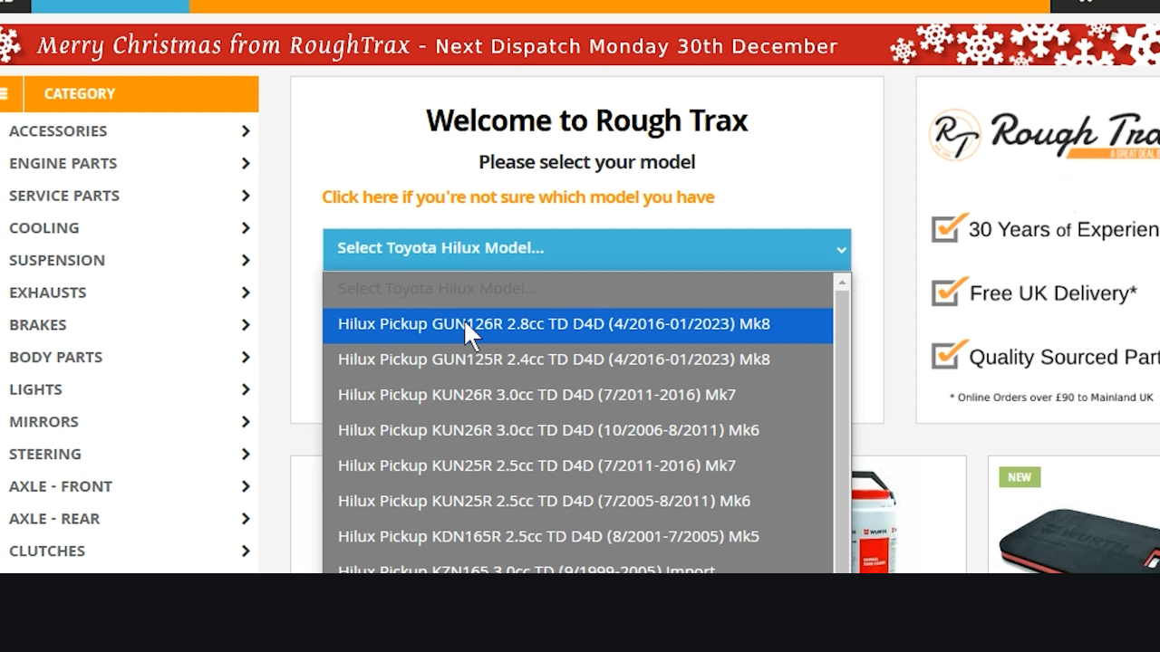 RoughTrax vehicle selector experience