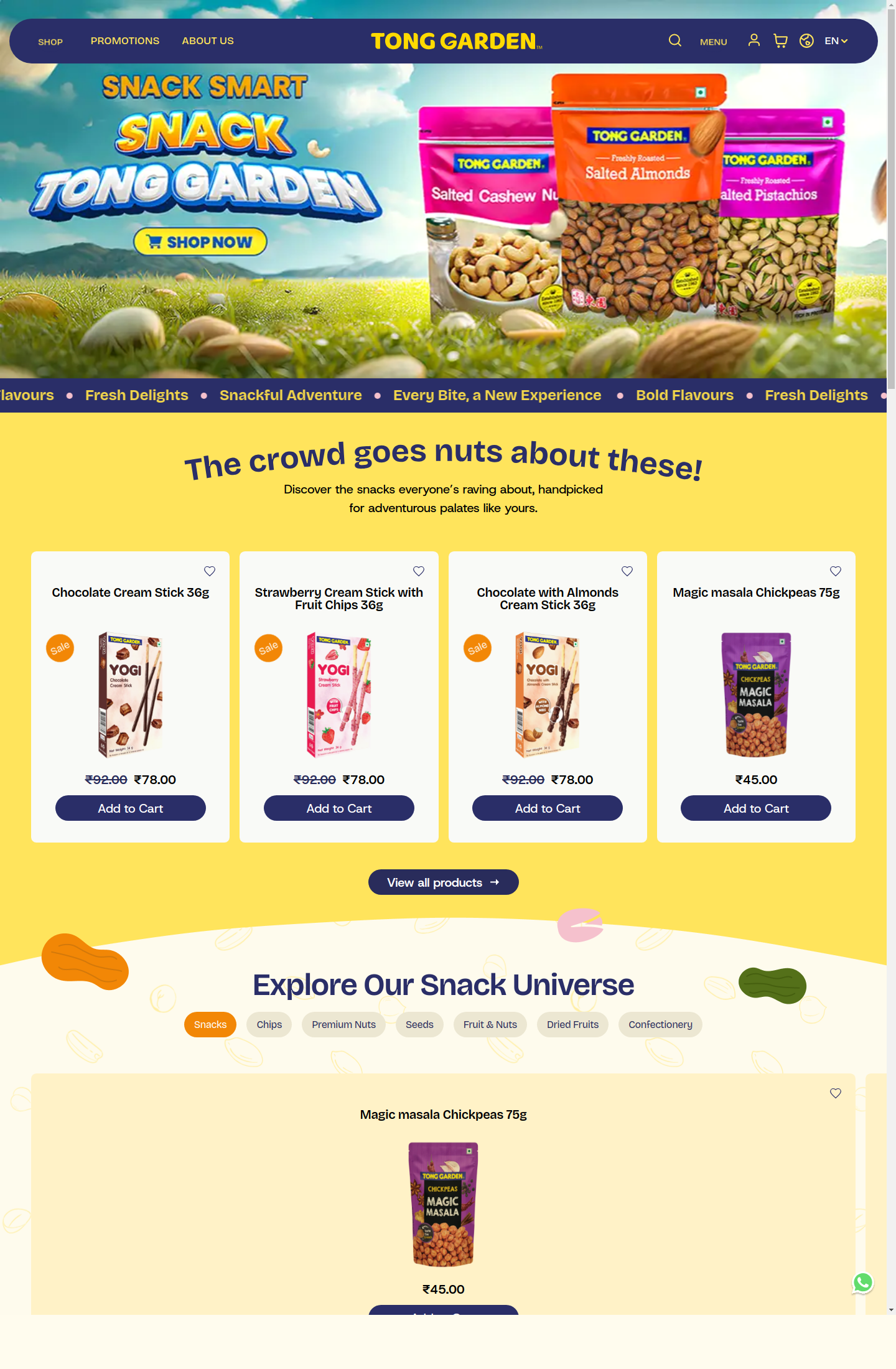 Tong Garden GraphCommerce storefront homepage with snack hero and featured products